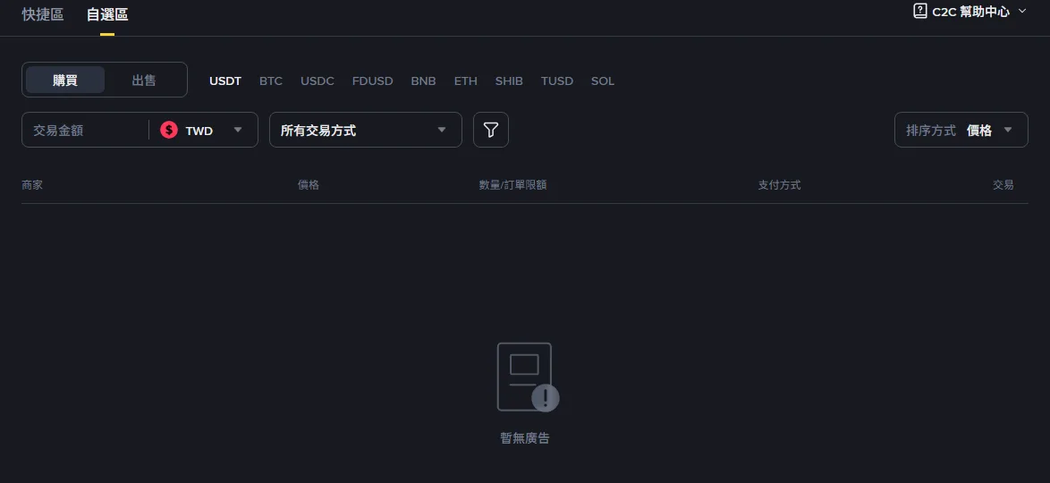 幣安 C2C 市場新台幣區:購買 USDT 頁面顯示暫無廣告