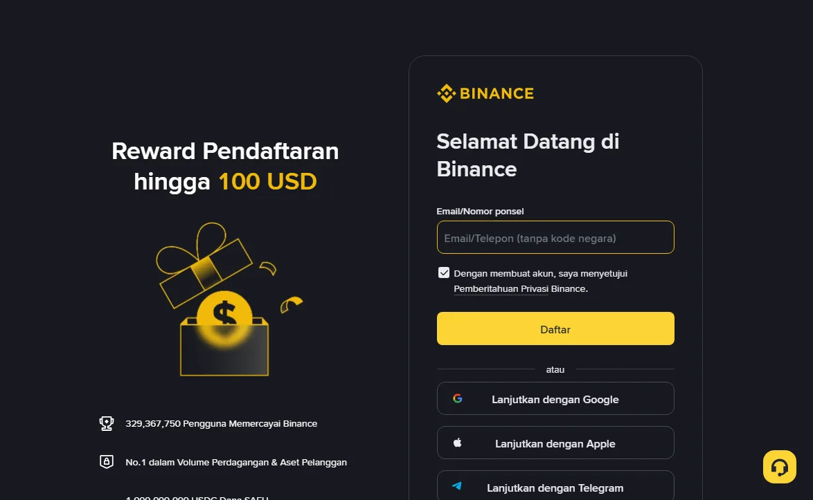 Halaman pendaftaran resmi Binance berbahasa Indonesia dengan kolom email atau nomor ponsel