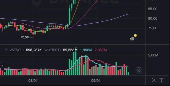 Batang volume di bawah chart harian SOL/USDT Binance: batang membesar saat harga menembus, lalu menyusut ketika harga bertahan di atas